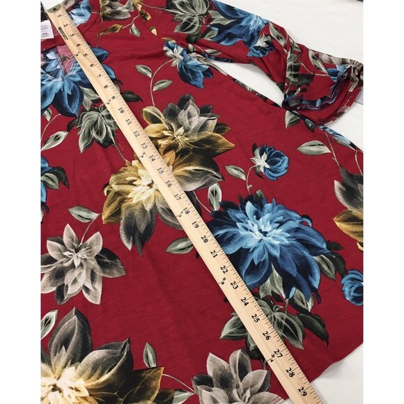 Floral Tunic Top Women Size Medium Summer Red Tropical Bell Sleeve Flowy - Picture 10 of 11